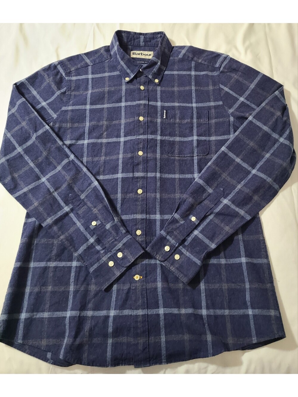 Barbour Tattersall 13 Flannel Plaid Shirt Mens Sz Navy Blue Tailored Window Pane